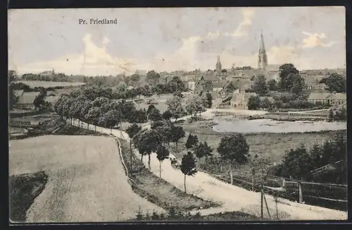 AK Pr. Friedland, Ortsansicht aus der Vogelschau