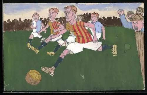 Künstler-AK Handgemalt: Szene aus einem Fussball-Spiel