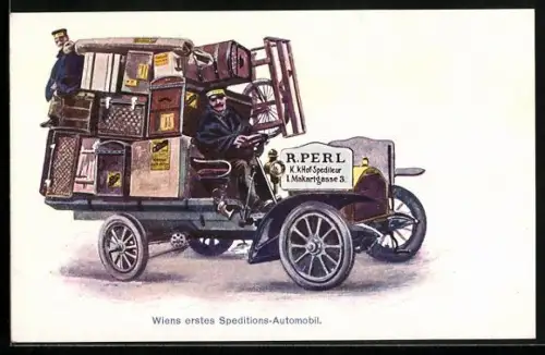 Künstler-AK Wien, Erster Speditions-Lastkraftwagen von R. Perl, Makartgasse 3