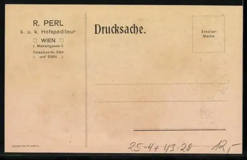 Künstler-AK Wien, Erster Speditions-Lastkraftwagen von R. Perl, Makartgasse 3