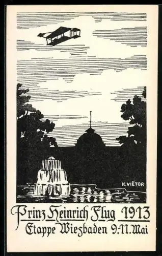 Künstler-AK Wiesbaden, Prinz Heinrich Flug 1913, Etappe Wiesbaden 9.-11. Mai, Doppeldeckerflugzeug
