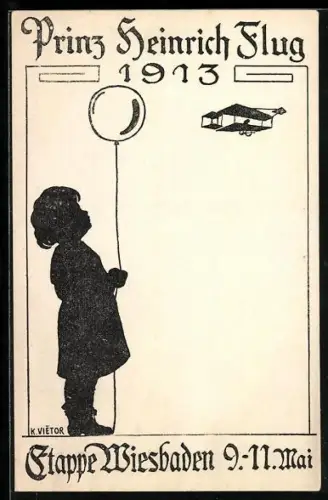 AK Wiesbaden, Scherenschnitt des Prinz Heinrich Fluges 1913, Scherenschnitt eines Flugzeuges