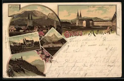 Lithographie Admont, Wallfahrt Frauenberg, Schloss Röthelstein und Schloss Kaiserau