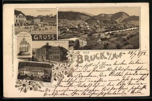 Lithographie Bruck an der Mur, Hauptplatz, Totalansicht, Volksschule, Kloster der Kreuzschwestern