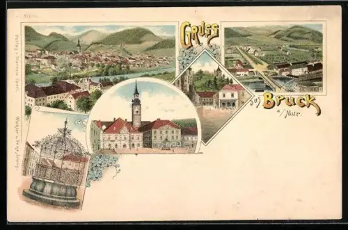 Lithographie Bruck an der Mur, Gesamtansicht, Gothischer Brunnen, Teilansicht