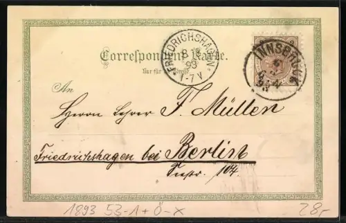 Vorläufer-Lithographie Innsbruck, 1893, Totalansicht mit Alpen, Edelweiss im Passepartout