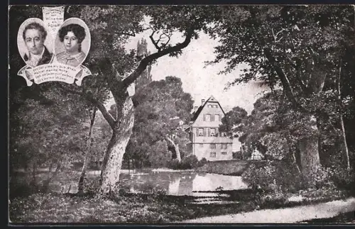 AK Frankfurt-Oberrad, Gerbermühle, Restaurateur Adolf Heil, Porträt Goethe