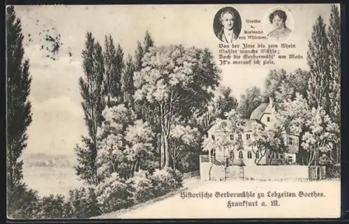 Lithographie Frankfurt-Oberrad, Historische Gerbermühle zu Lebzeiten Goethes
