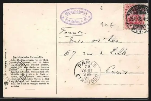 Lithographie Frankfurt-Oberrad, Historische Gerbermühle zu Lebzeiten Goethes