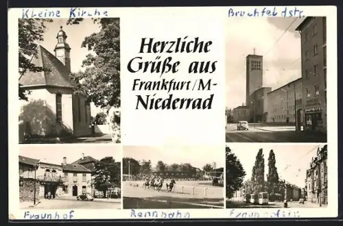 AK Frankfurt-Niederrad, Kleine Kirche, Bruchfeldstrasse, Rennbahn