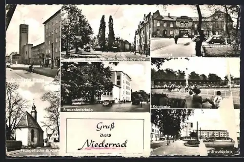 AK Frankfurt-Niederrad, Katholische Kirche, Frauenhofschule, Rennbahn, Evangelische Kirche