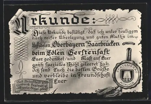 AK Saarbrücken, Gasthaus Oberbayern, Urkunde, Spatenbräu München