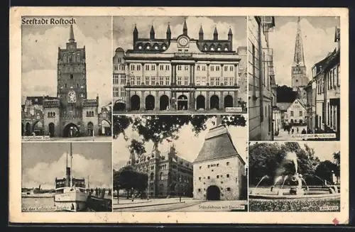 AK Rostock, Kröpeliner Tor, Rathaus, Ständehau, Springbrunnen