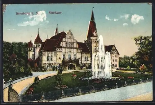 AK Bernburg a. S., Kurhaus mit Springbrunnen