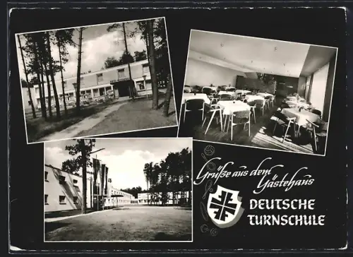 AK Frankfurt-Sachsenhausen, Gasthaus Deutsche Turnschule, Innenansicht Speisesaal, Gebäudeansicht