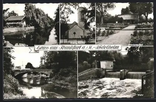 AK Frankfurt-Rödelheim, Nidda-Partie, Evang. Kirche, Brentano-Bad, Nidda-Brücke, Wehr