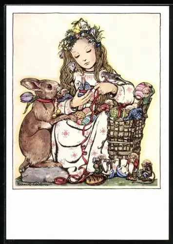 Künstler-AK Sulamith Wülfing: Frau mit Osterhase und Ostereiern