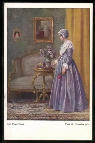 Künstler-AK Karl Maria Schuster: Dame mit Fliederstrauch