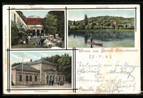 AK Brünn-Schreibwald, Gasthaus Restauration und Schützenhalle mit Garten, Ortsansicht vom Wasser aus, Kahn
