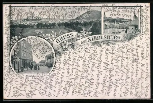 AK Nikolsburg, Oberer Stadtplatz mit Dreifaltigkeitssäule, Hauptplatz, Gesamtansicht mit Burg