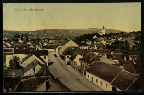 AK Schöllschitz, Totalansicht mit Strasse und Fernblick aus der Vogelschau