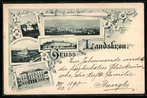 AK Landskron, Gold- u. Silberwarenfabrik Rud. Langer, Tabakfabrik, Gymnasium, Totalansicht