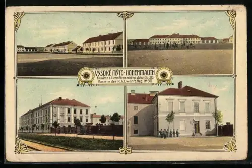 AK Hohenmauth, Kaserne des K. k. Lw.-Inft.-Reg. No. 30, Panorama mit Hof, Gebäudeansichten, Soldatengruppe