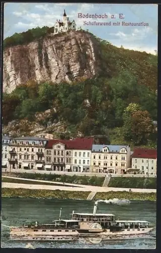 AK Tetschen-Bodenbach / Decin, Schäferwand mit Restauration und Elbe-Dampfer