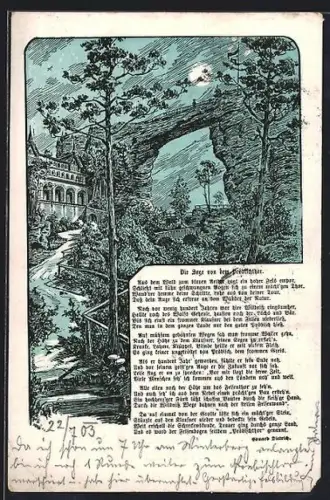 Lithographie Prebischtor, Ansicht bei Mondschein