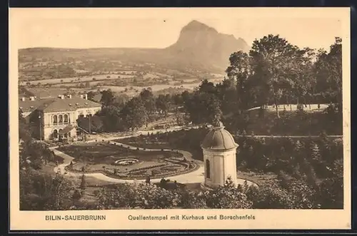 AK Bilin-Sauerbrunn, Quellentempel mit Kurhaus und Borschenfels