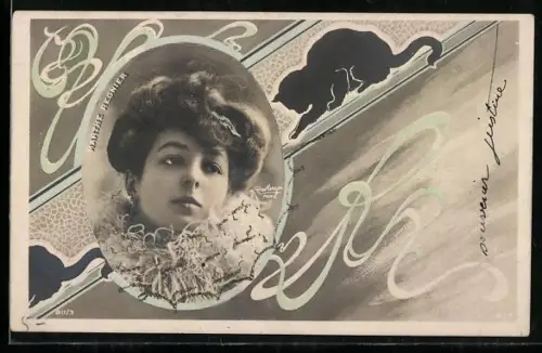 Foto-AK Atelier Reutlinger, Paris 811/3: Portrait Marthe Regnier, Schattenriss einer Katze