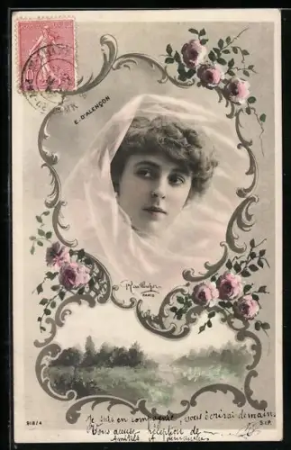 Foto-AK Atelier Reutlinger, Paris: Schauspielerin E. D`Alencon mit Schleier in Umrahmung mit Blumen und Landschaft