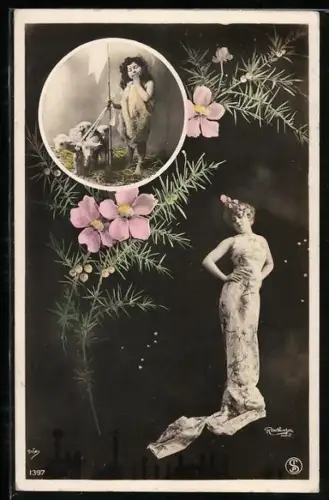 Foto-AK Atelier Reutlinger, Paris: wunderschöne Dame im Blumenkleid, Mädchen mit Schafen