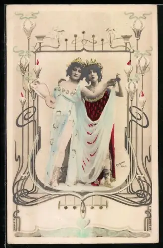 Foto-AK Atelier Reutlinger, Paris Serie 6, No. 3: Zwei jungen Frauen mit Kopfschmuck