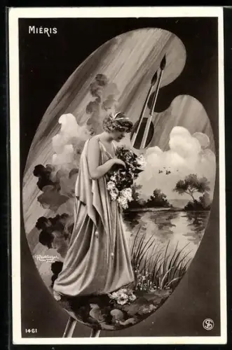 Foto-AK Atelier Reutlinger, Paris: Schauspielerin Mieris mit Blumen an einem Seeufer