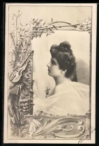 Foto-AK Atelier Reutlinger, Paris: Seitenportrait einer jungen Frau, Streichinstrument und Xylophon