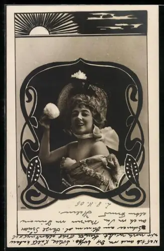 Foto-AK Atelier Reutlinger, Paris 198: Junge Frau im schulterfreien Kleid mit grossem Hut