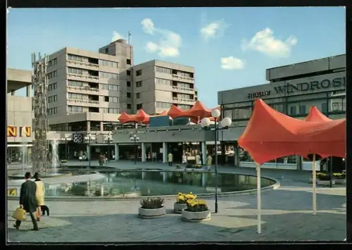AK Frankfurt am Main, Nordwest-Stadt, Einkaufszentrum, Restaurant Windrose, Brunnen mit Fontäne