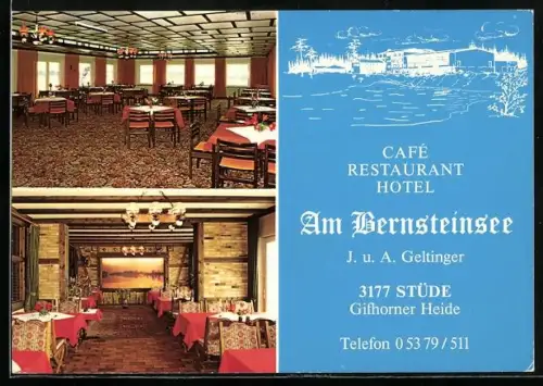 AK Stüde /Gifhorner Heide, Restaurant Hotel Am Bernsteinsee, J. u. A. Geltinger, Innenansichten