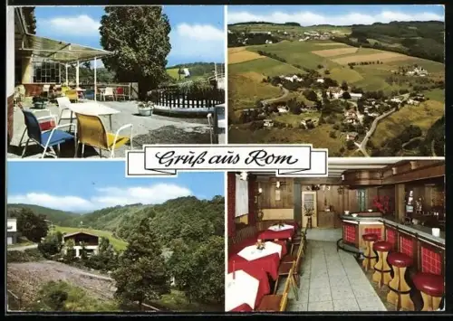 AK Rom bei Morsbach, Hotel zum Römertal, Inh. H. Klein, Terrasse, Gastraum, Ortsansicht