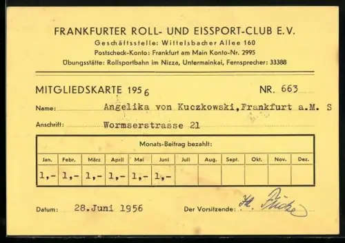 AK Frankfurt am Main, Mitgliedskarte Nr. 663 des Frankfurter Roll- und Eissport-Clubs e.V., 1956, Untermainkai