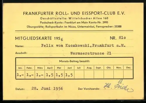 AK Frankfurt / Main, Mitgliedskarte Nr. 810 des Frankfurter Roll- und Eissport-Clubs e.V., 1956, Untermainkai