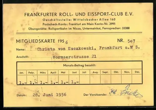 AK Frankfurt am Main, Mitgliedskarte Nr. 507 des Frankfurter Roll- und Eissport-Clubs e.V., 1956, Untermainkai