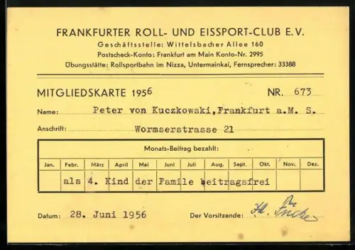 AK Frankfurt am Main, Mitgliedskarte Nr. 673 des Frankfurter Roll- und Eissport-Clubs e.V., 1956, Untermainkai