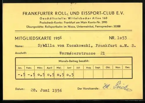 AK Frankfurt am Main, Mitgliedskarte Nr. 1053 des Frankfurter Roll- und Eissport-Clubs e.V., 1956, Untermainkai