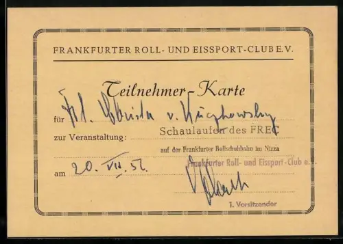 AK Frankfurt am Main, Teilnehmerkarte des Frankfurter Roll- und Eissport-Clubs e.V., 1956, Untermainkai
