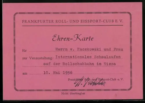 AK Frankfurt am Main, Ehrenkarte des Frankfurter Roll- und Eissport-Clubs e.V., 1956, Untermainkai