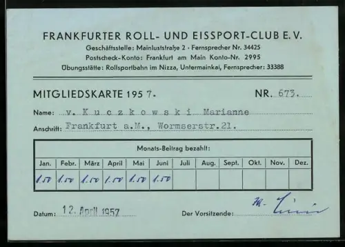 AK Frankfurt am Main, Mitgliedskarte Nr. 673 des Frankfurter Roll- und Eissport-Clubs e.V., 1957, Untermainkai