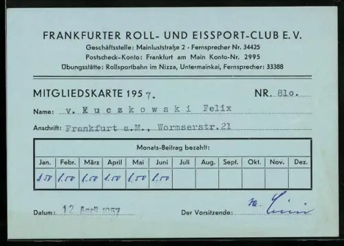 AK Frankfurt am Main, Mitgliedskarte Nr. 810 des Frankfurter Roll- und Eissport-Clubs e.V., 1957, Untermainkai
