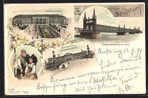 Lithographie Strassburg, Centralbahnhof, Universität, Eisenbahnbrücke